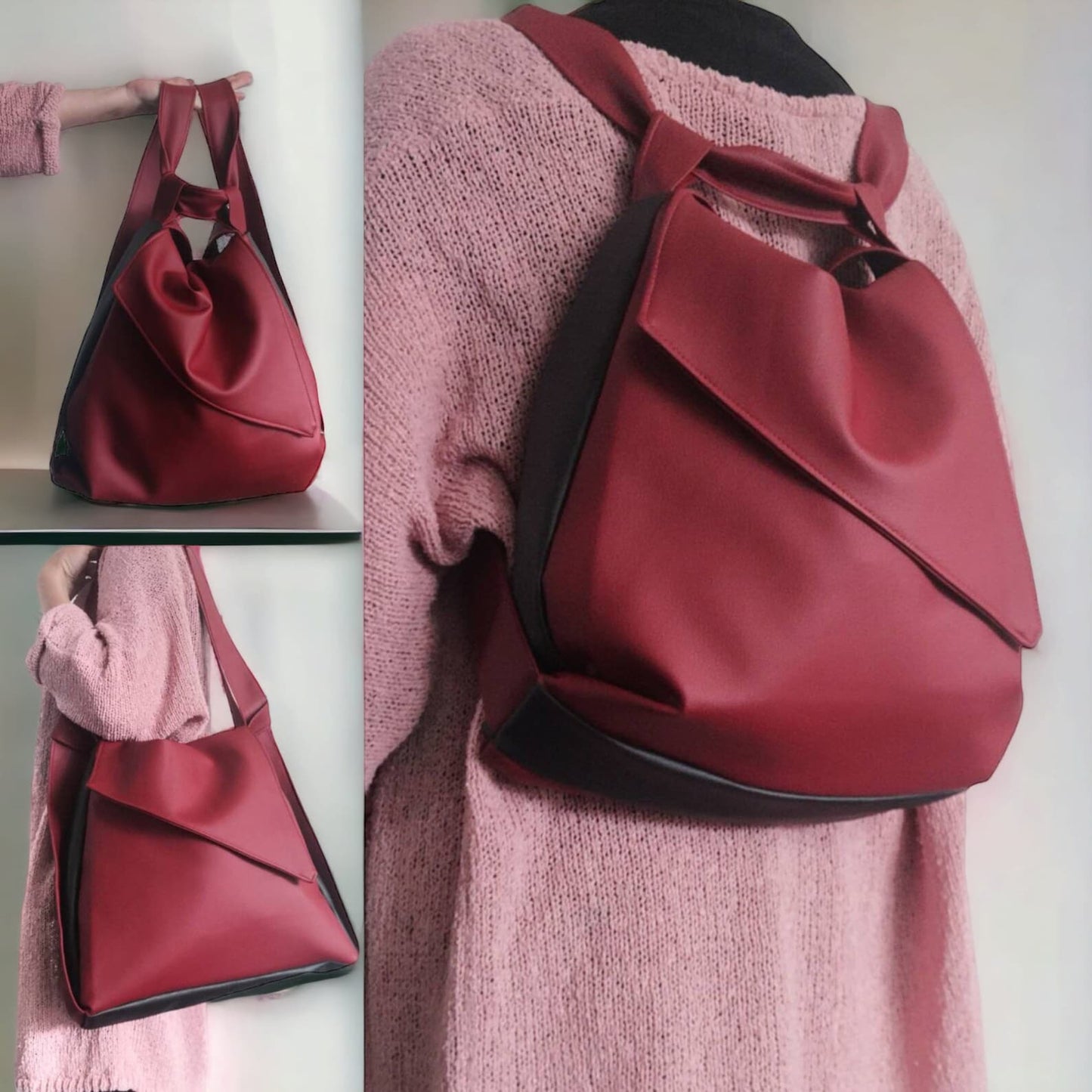 Borsa/zaino in pelle sintetica rossa e nera. Borse convertibili. Borse fatte a mano. Zaino donna in pelle sintetica - Quattroequarantotto