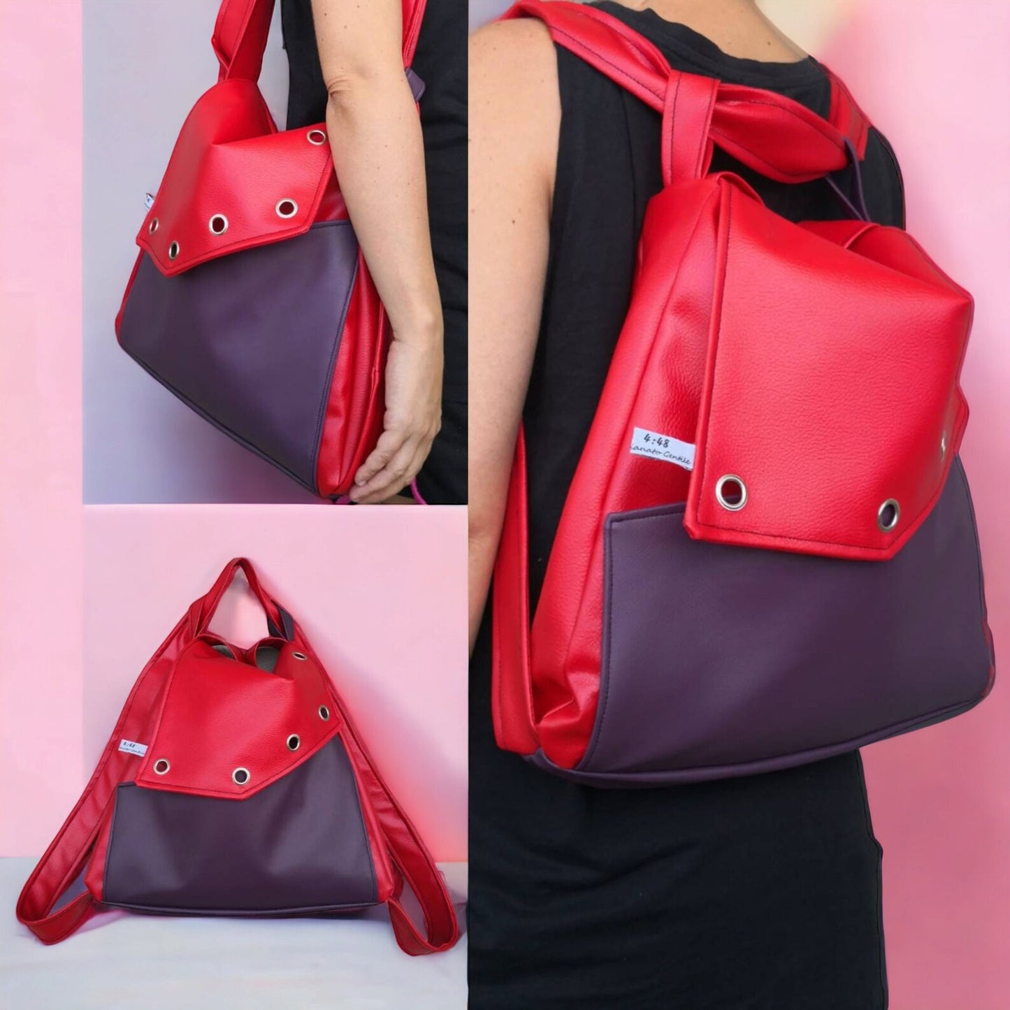 Borsa zaino in pelle sintetica rossa e viola. Borsa convertibile in zainetto. Zaino donna in pelle sintetica. Borse fatte a mano. - Quattroequarantotto