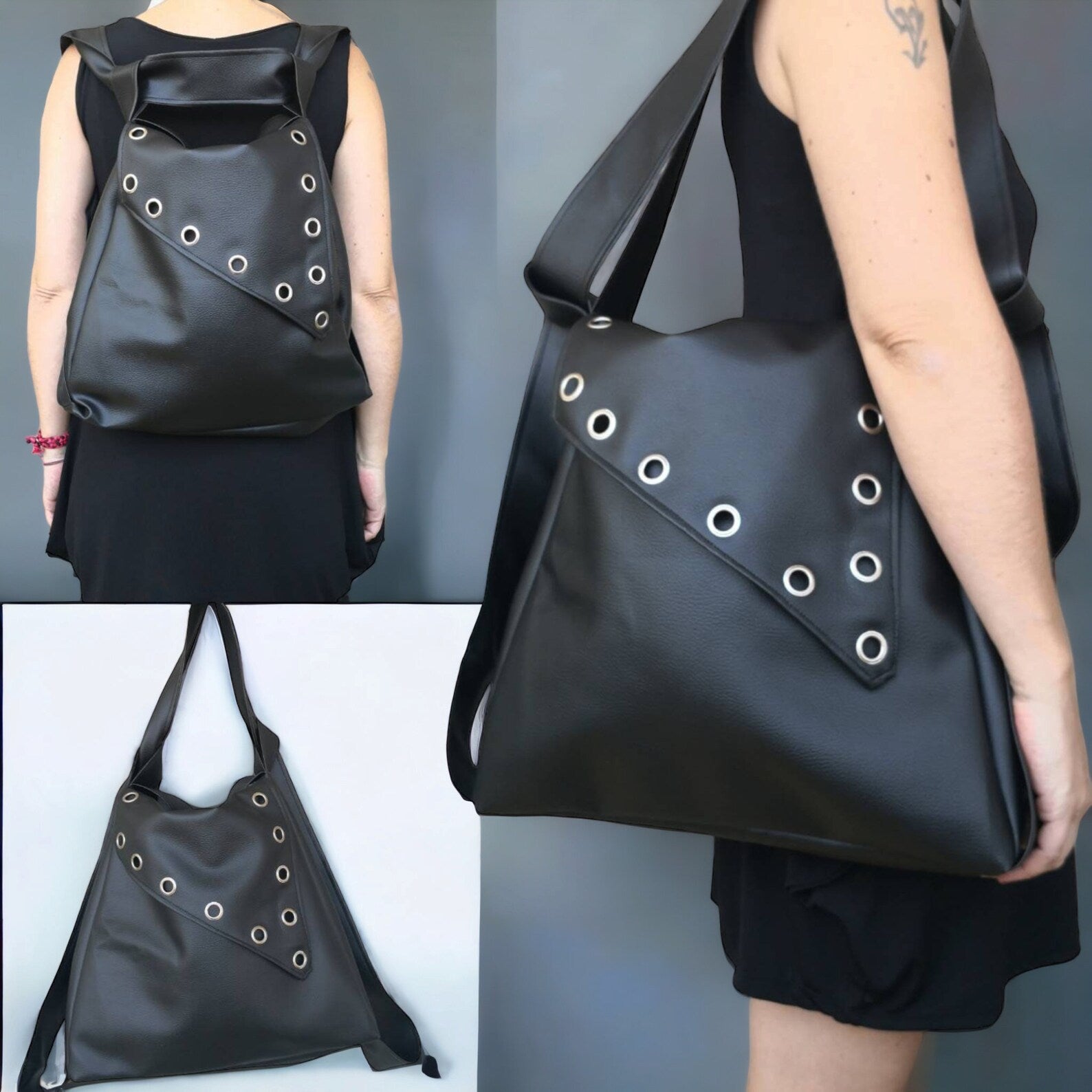 Borsa zaino in pelle sintetica nera e borchie. Borsa convertibile in zainetto. Borse fatte a mano. Zaino fatto a mano in pelle sintetica - Quattroequarantotto