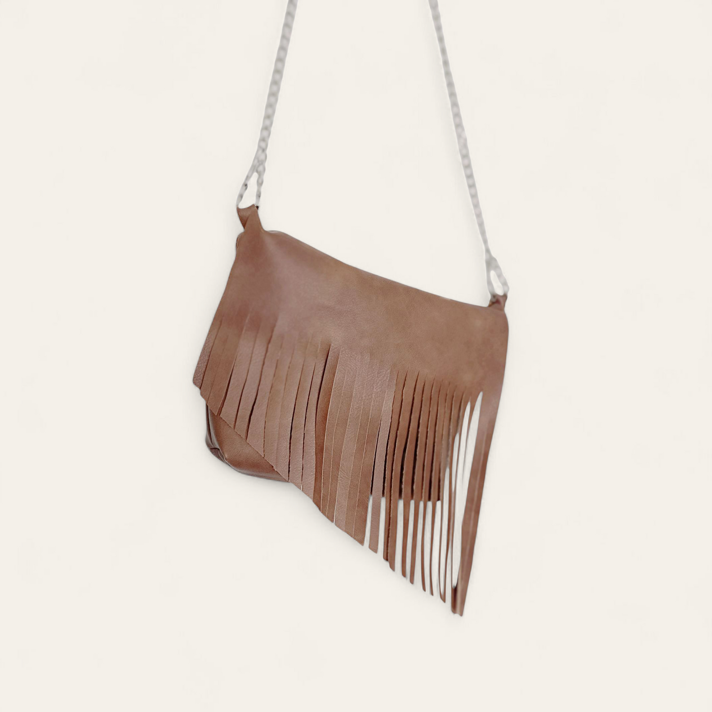 Mini bag in pelle sintetica color cuoio con frange
